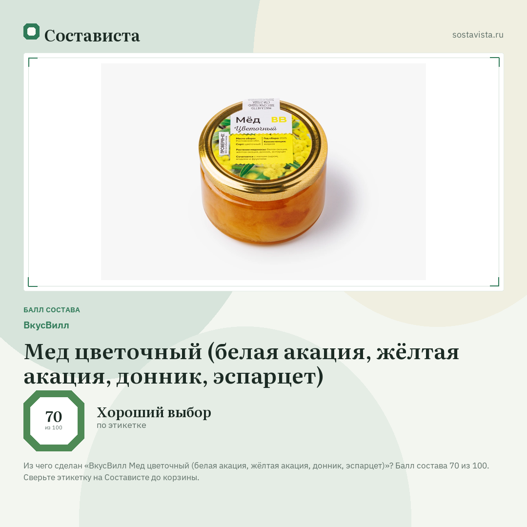 ВкусВилл Мед цветочный (белая акация, жёлтая акация, донник, эспарцет): балл состава 70 из 100 — Состависта