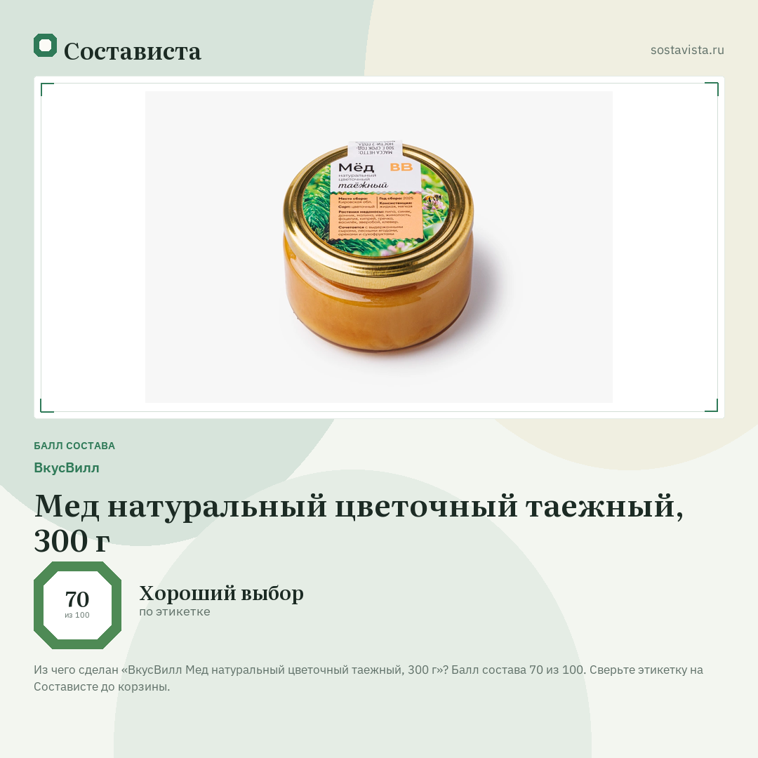 ВкусВилл Мед натуральный цветочный таежный, 300 г: балл состава 70 из 100 — Состависта