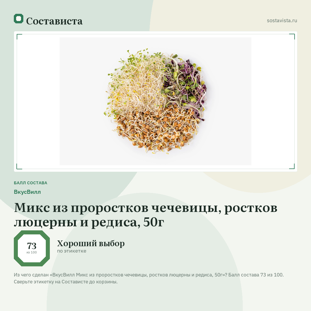 ВкусВилл Микс из проростков чечевицы, ростков люцерны и редиса, 50г: балл состава 73 из 100 — Состависта