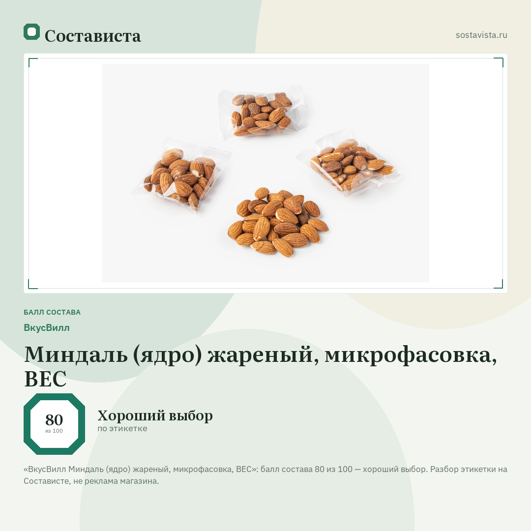ВкусВилл Миндаль (ядро) жареный, микрофасовка, ВЕС: балл состава 80 из 100 — Состависта