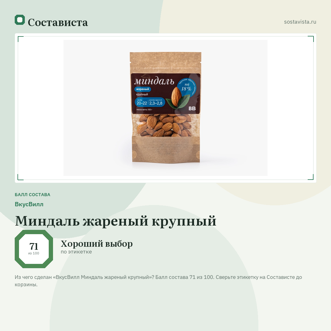 ВкусВилл Миндаль жареный крупный: балл состава 71 из 100 — Состависта
