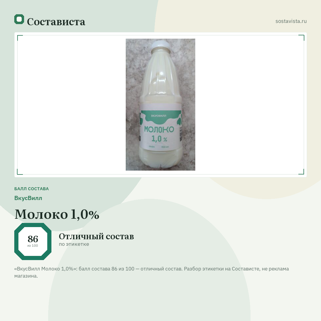 ВкусВилл Молоко 1,0%: балл состава 86 из 100 — Состависта