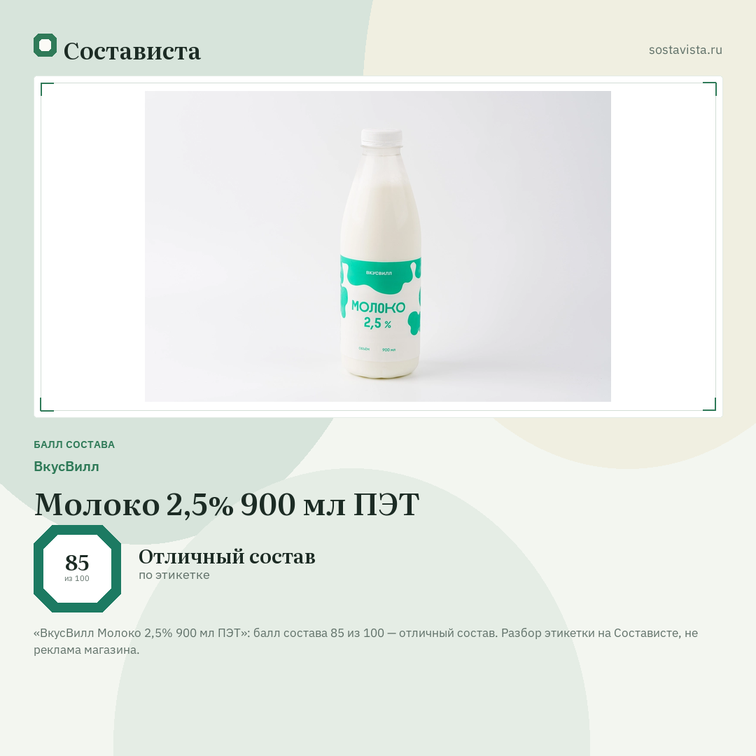 ВкусВилл Молоко 2,5% 900 мл ПЭТ: балл состава 85 из 100 — Состависта