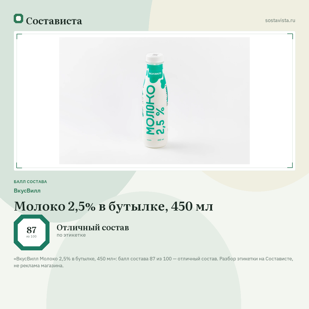 ВкусВилл Молоко 2,5% в бутылке, 450 мл: балл состава 87 из 100 — Состависта