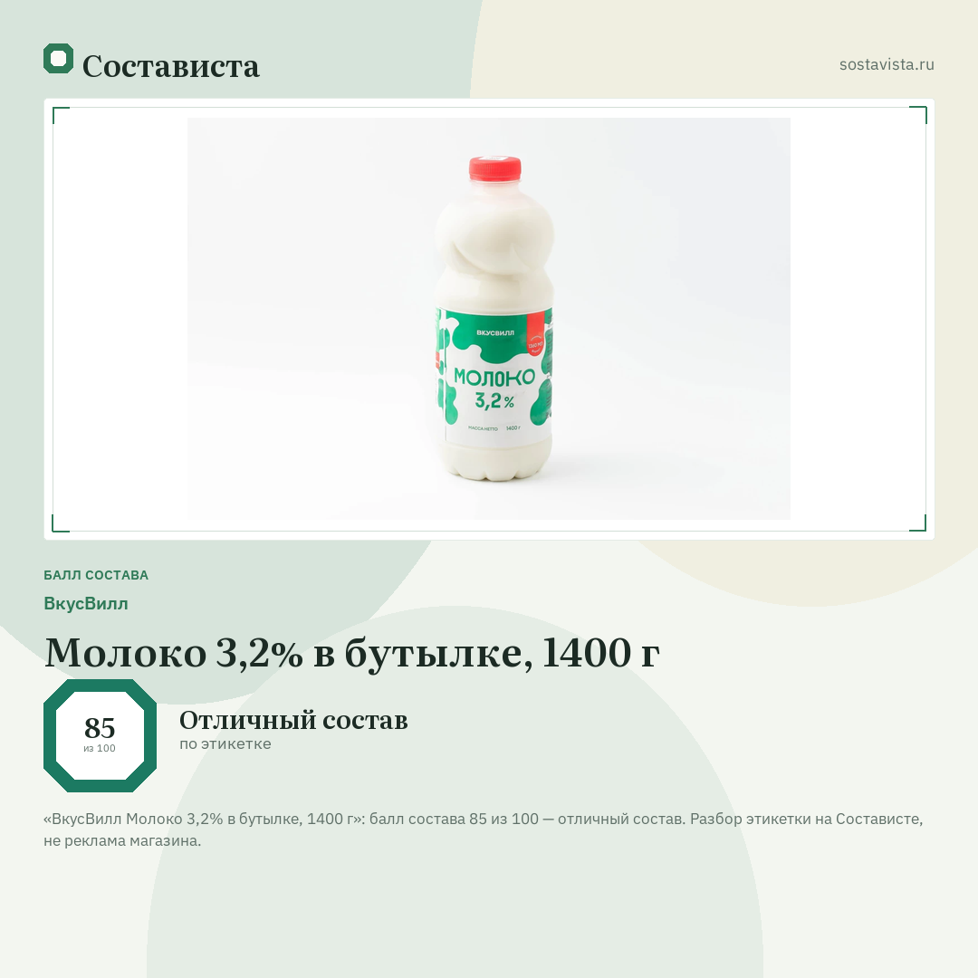 ВкусВилл Молоко 3,2% в бутылке, 1400 г: балл состава 85 из 100 — Состависта