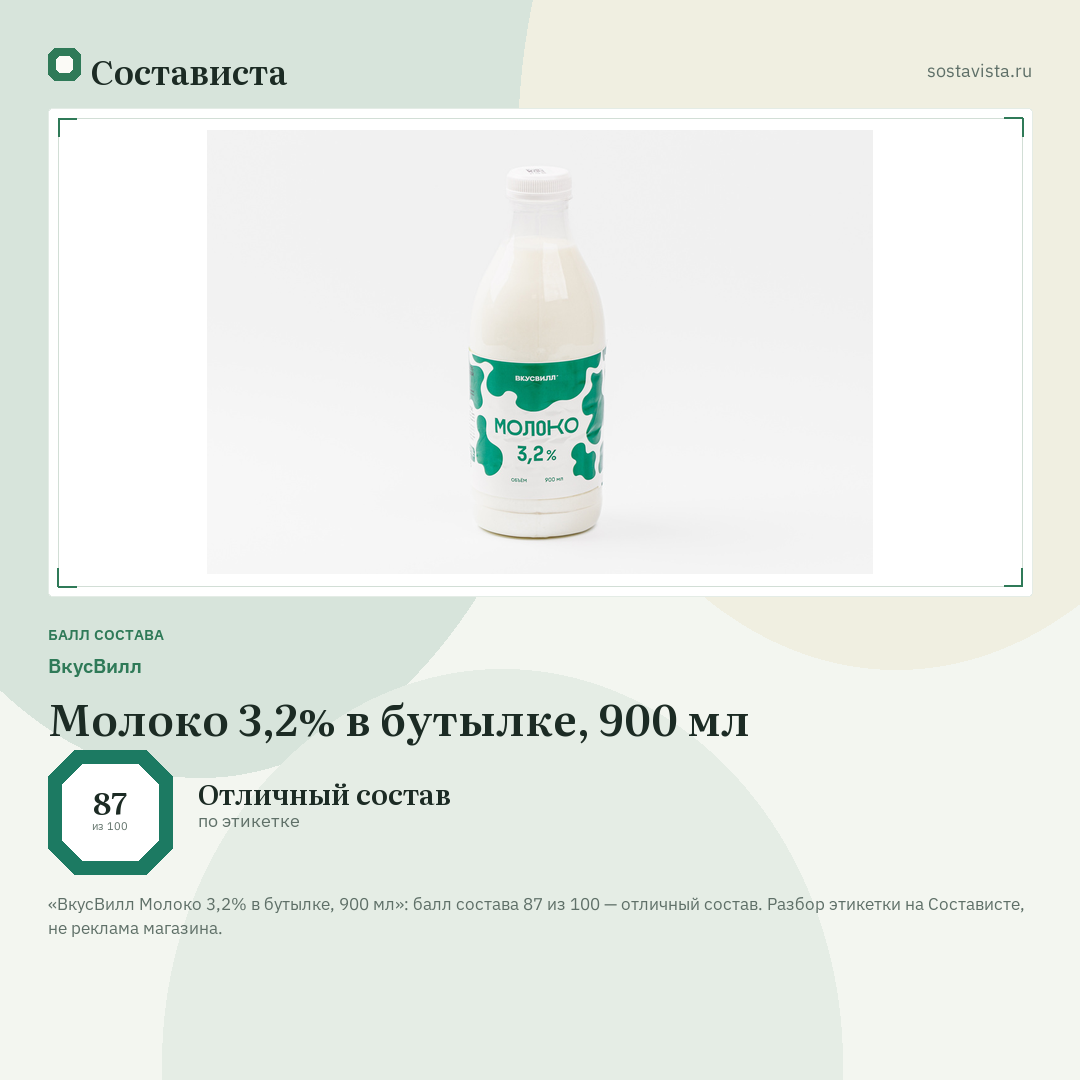 ВкусВилл Молоко 3,2% в бутылке, 900 мл: балл состава 87 из 100 — Состависта