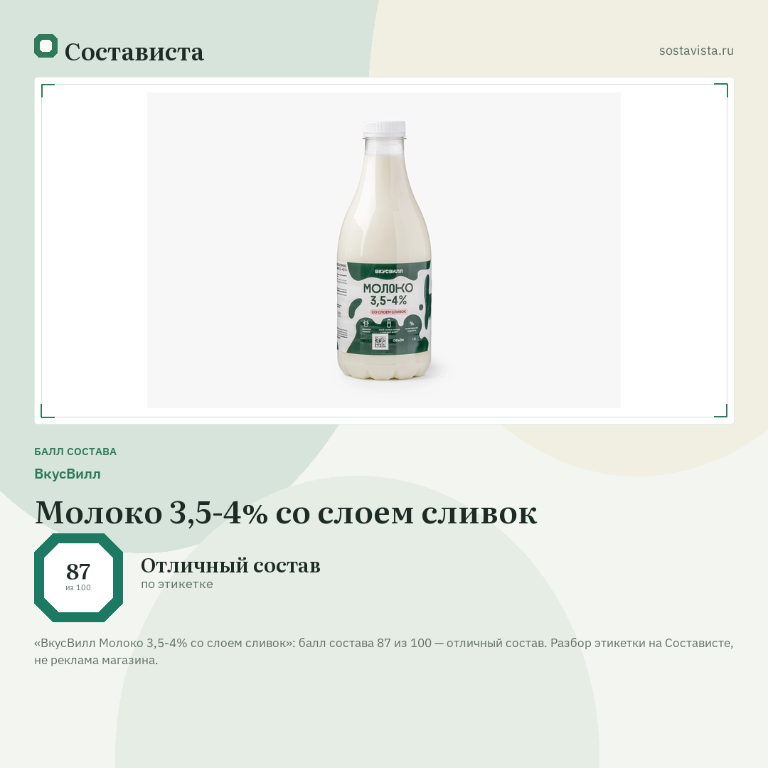 ВкусВилл Молоко 3,5-4% со слоем сливок: балл состава 87 из 100 — Состависта