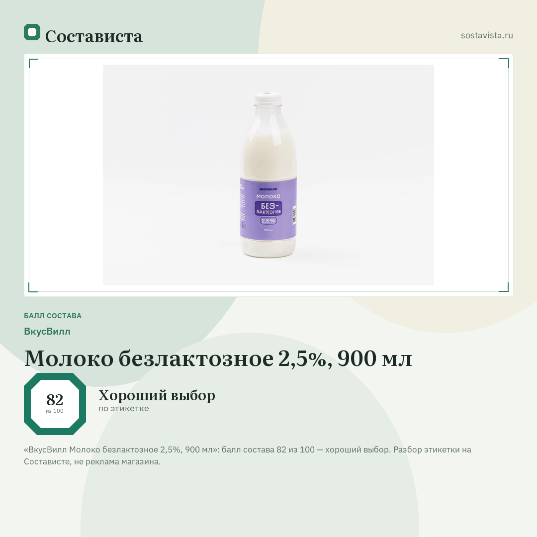 ВкусВилл Молоко безлактозное 2,5%, 900 мл: балл состава 82 из 100 — Состависта