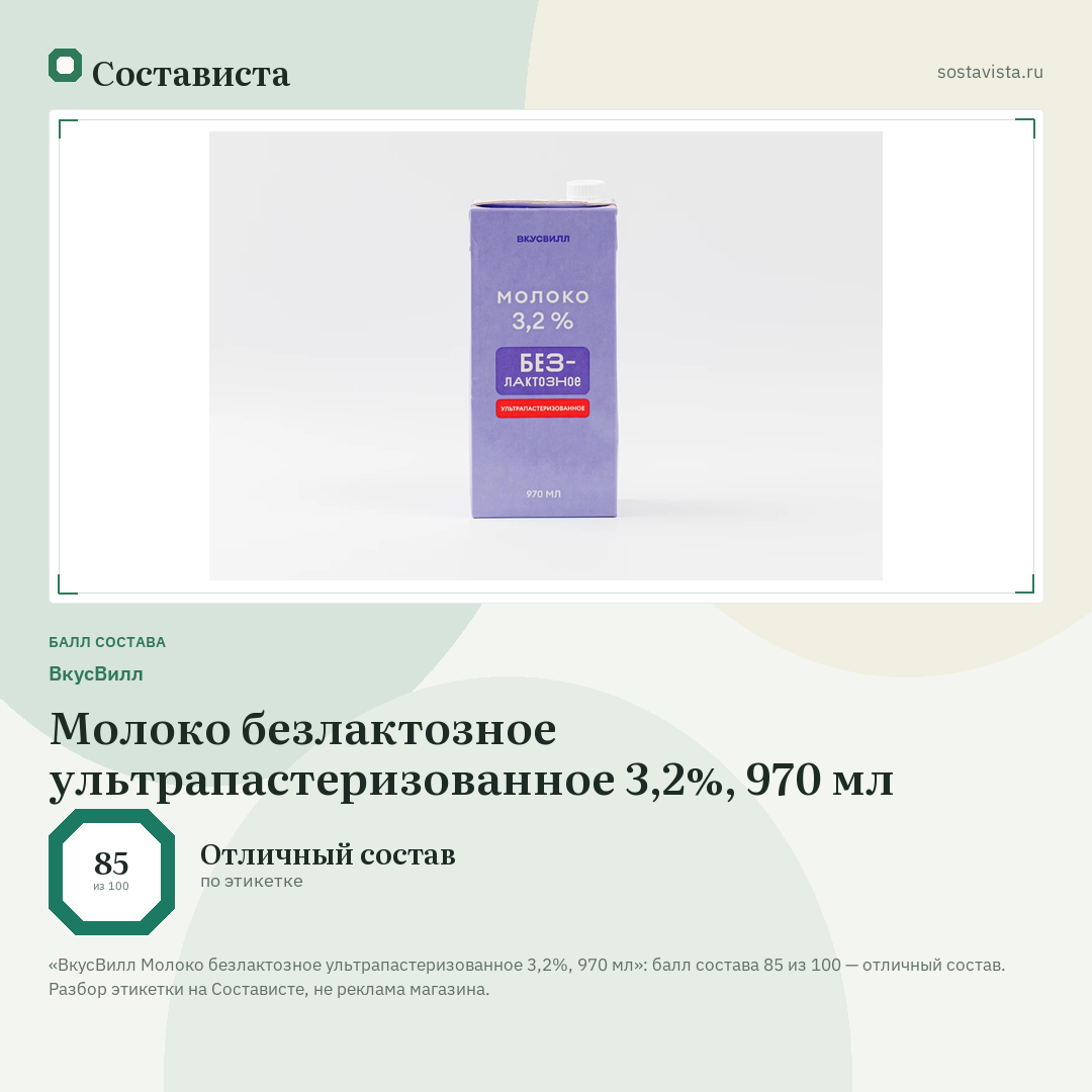 ВкусВилл Молоко безлактозное ультрапастеризованное 3,2%, 970 мл: балл состава 85 из 100 — Состависта