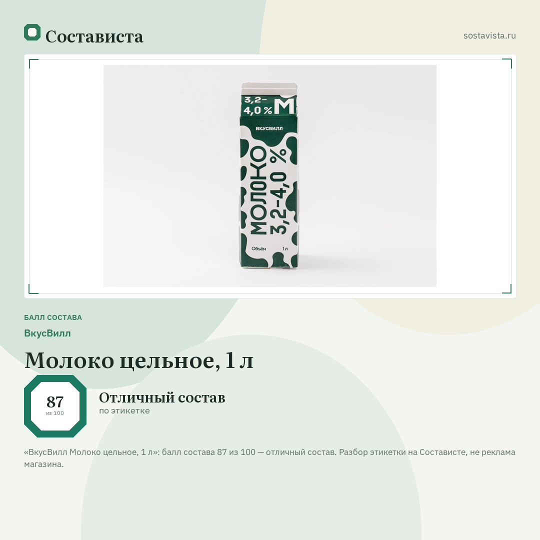 ВкусВилл Молоко цельное, 1 л: балл состава 87 из 100 — Состависта