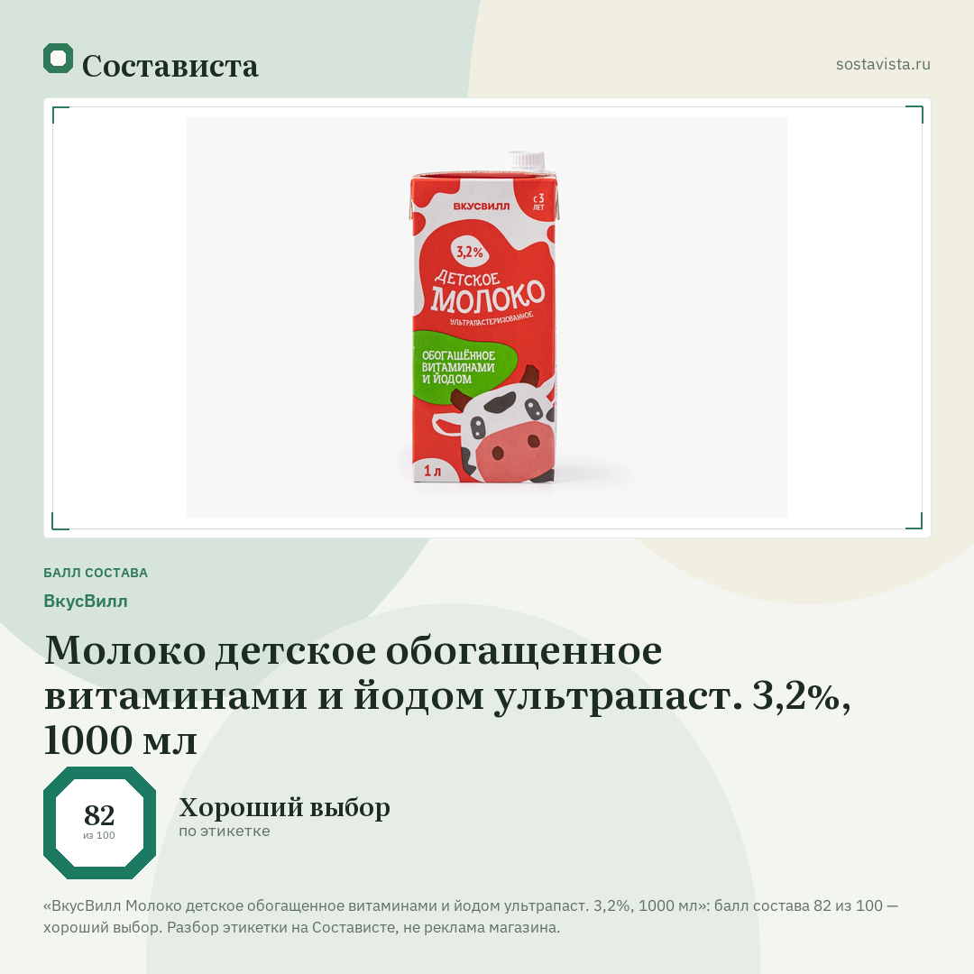ВкусВилл Молоко детское обогащенное витаминами и йодом ультрапаст. 3,2%, 1000 мл: балл состава 82 из 100 — Состависта