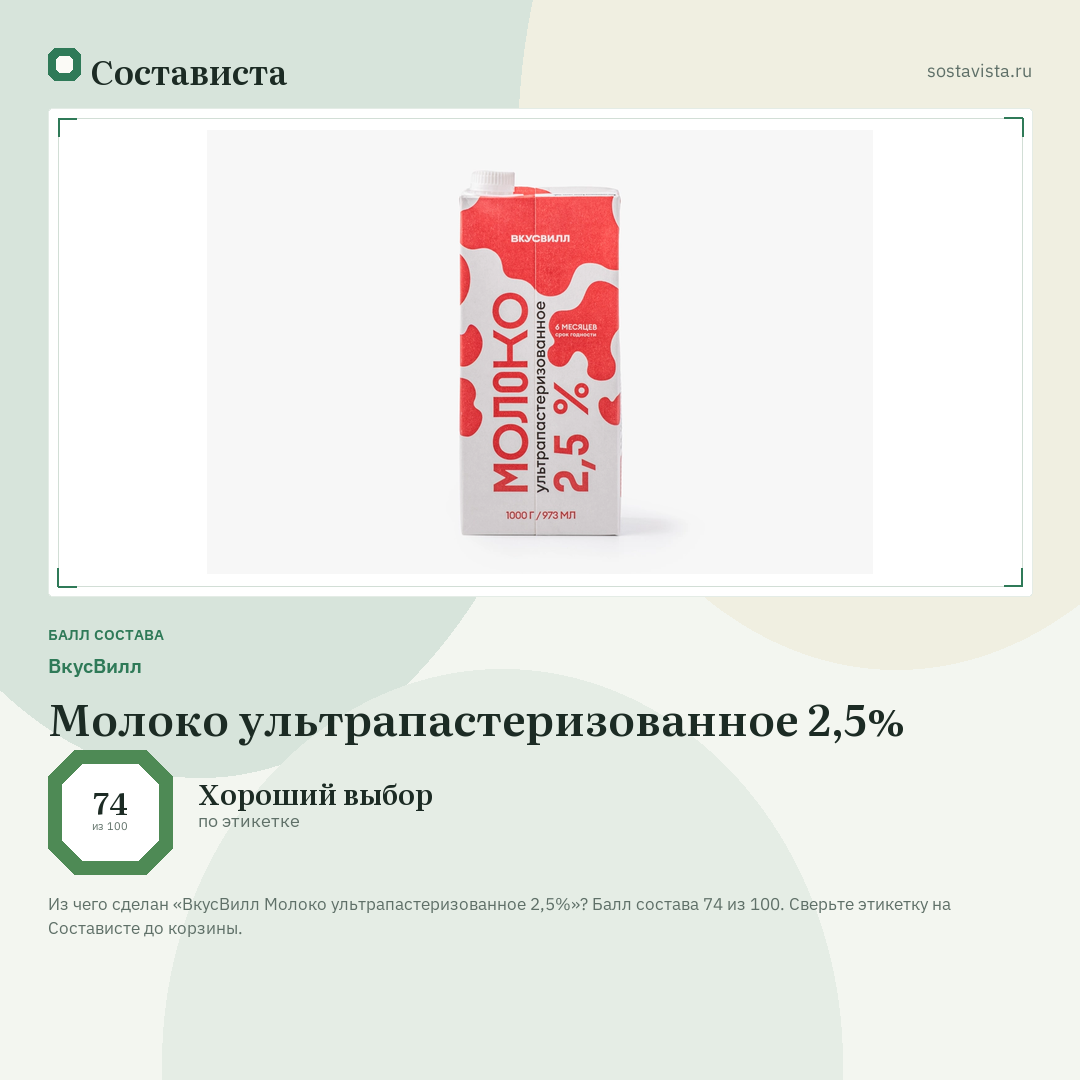 ВкусВилл Молоко ультрапастеризованное 2,5%: балл состава 74 из 100 — Состависта