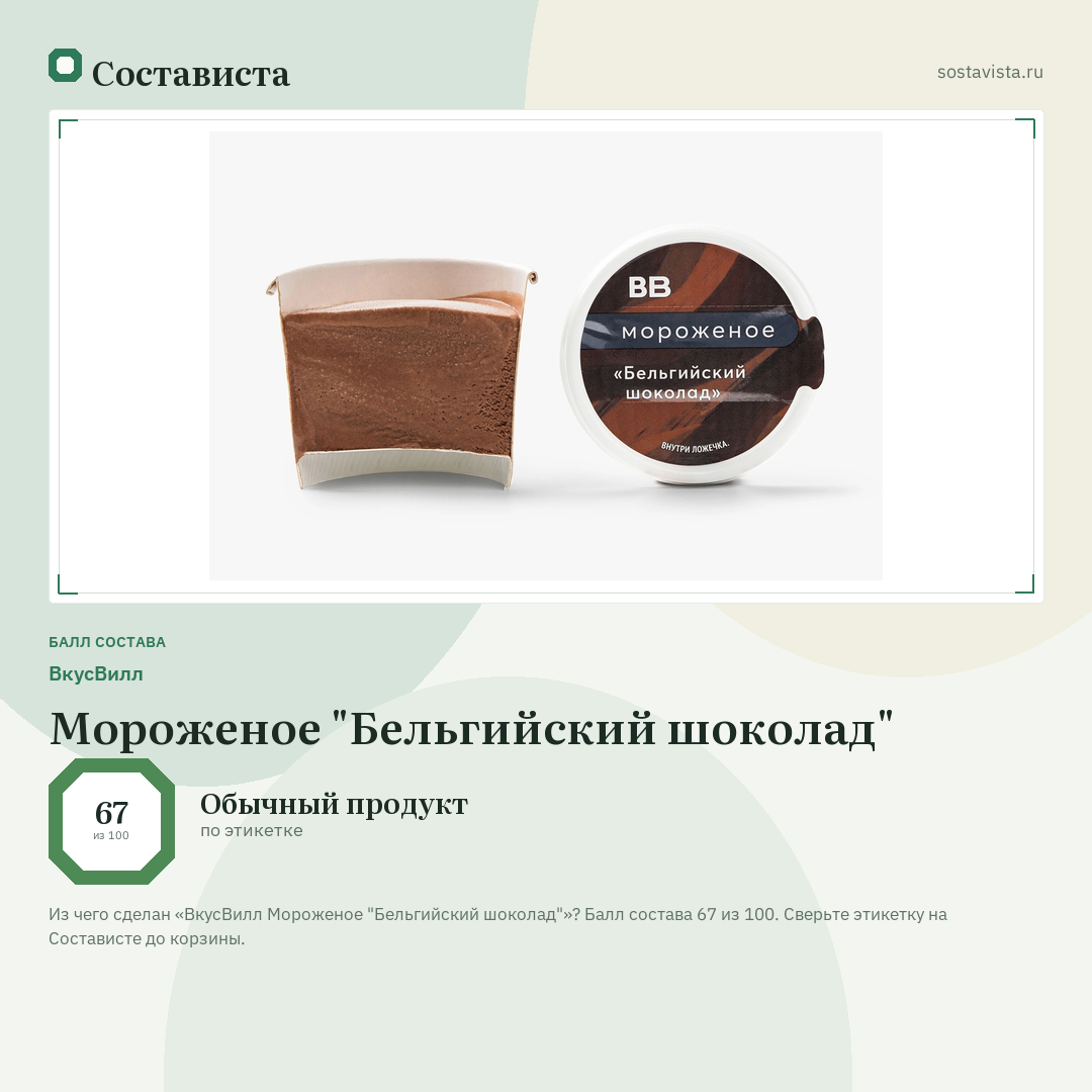 ВкусВилл Мороженое "Бельгийский шоколад": балл состава 67 из 100 — Состависта