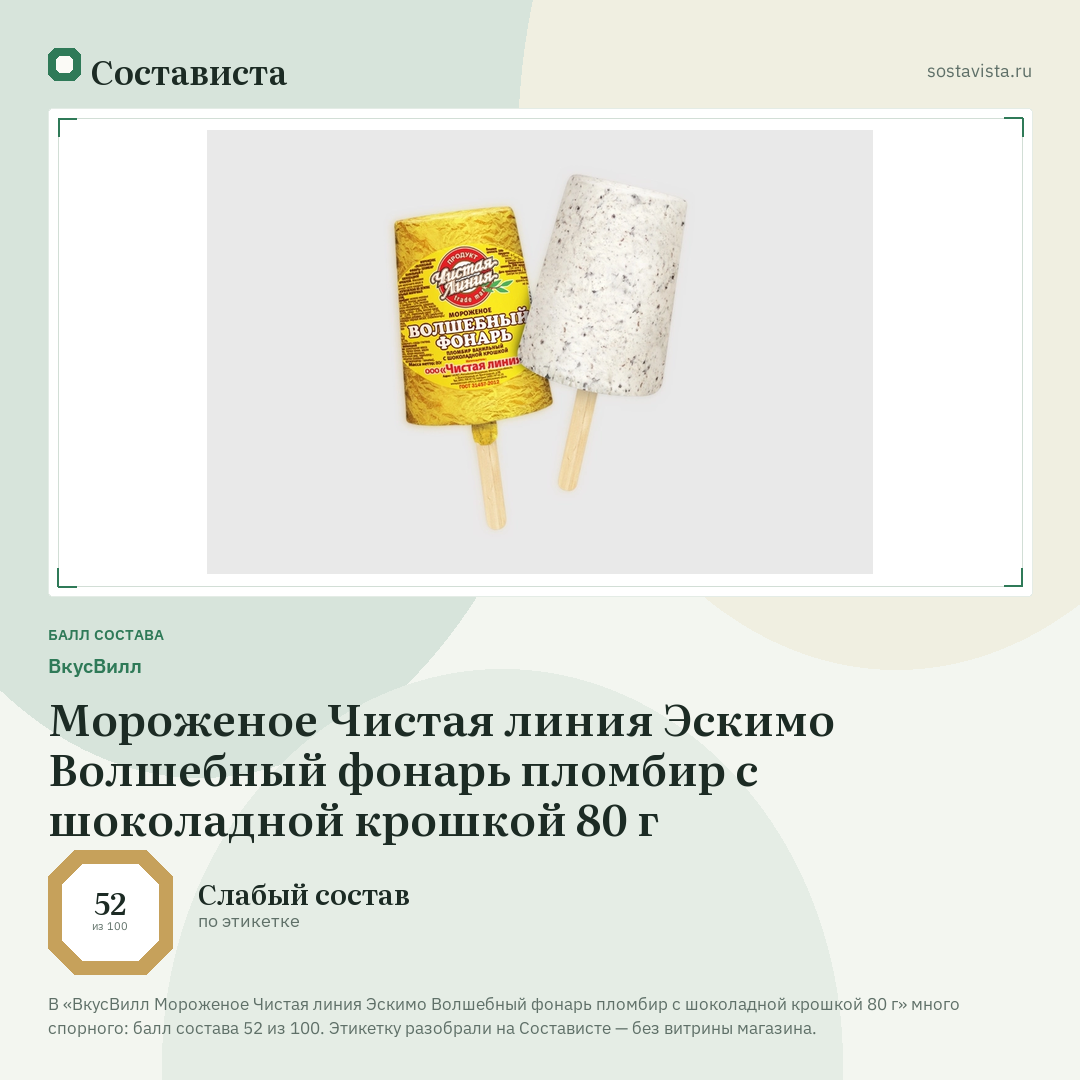 ВкусВилл Мороженое Чистая линия Эскимо Волшебный фонарь пломбир с шоколадной крошкой 80 г: балл состава 52 из 100 — Состависта