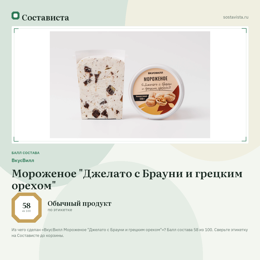 ВкусВилл Мороженое "Джелато с Брауни и грецким орехом": балл состава 58 из 100 — Состависта