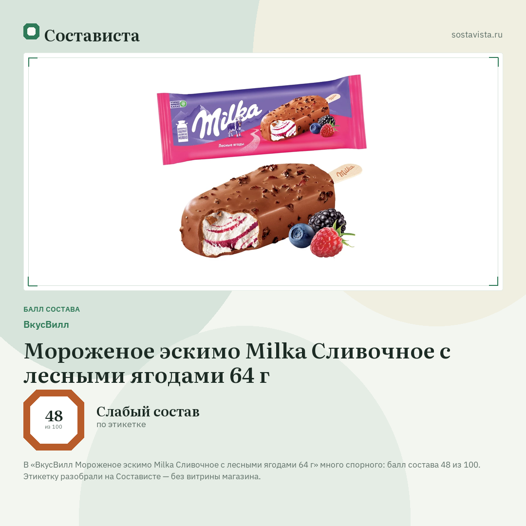 ВкусВилл Мороженое эскимо Milka Сливочное с лесными ягодами 64 г: балл состава 48 из 100 — Состависта