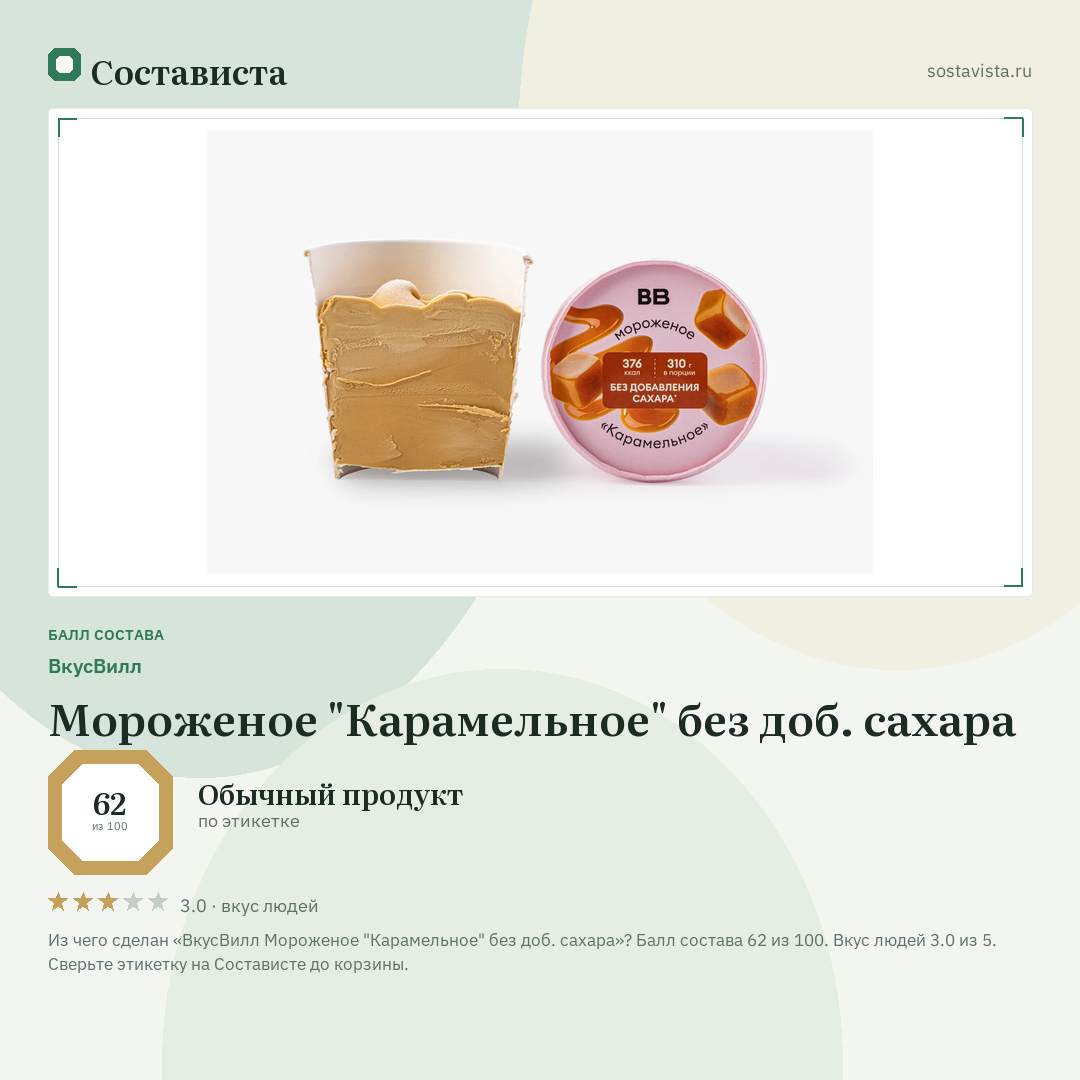 ВкусВилл Мороженое "Карамельное" без доб. сахара: балл состава 62 из 100 — Состависта