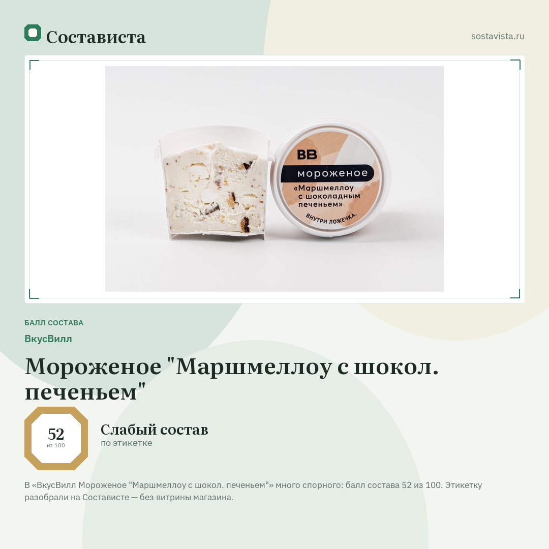 ВкусВилл Мороженое "Маршмеллоу с шокол. печеньем": балл состава 52 из 100 — Состависта