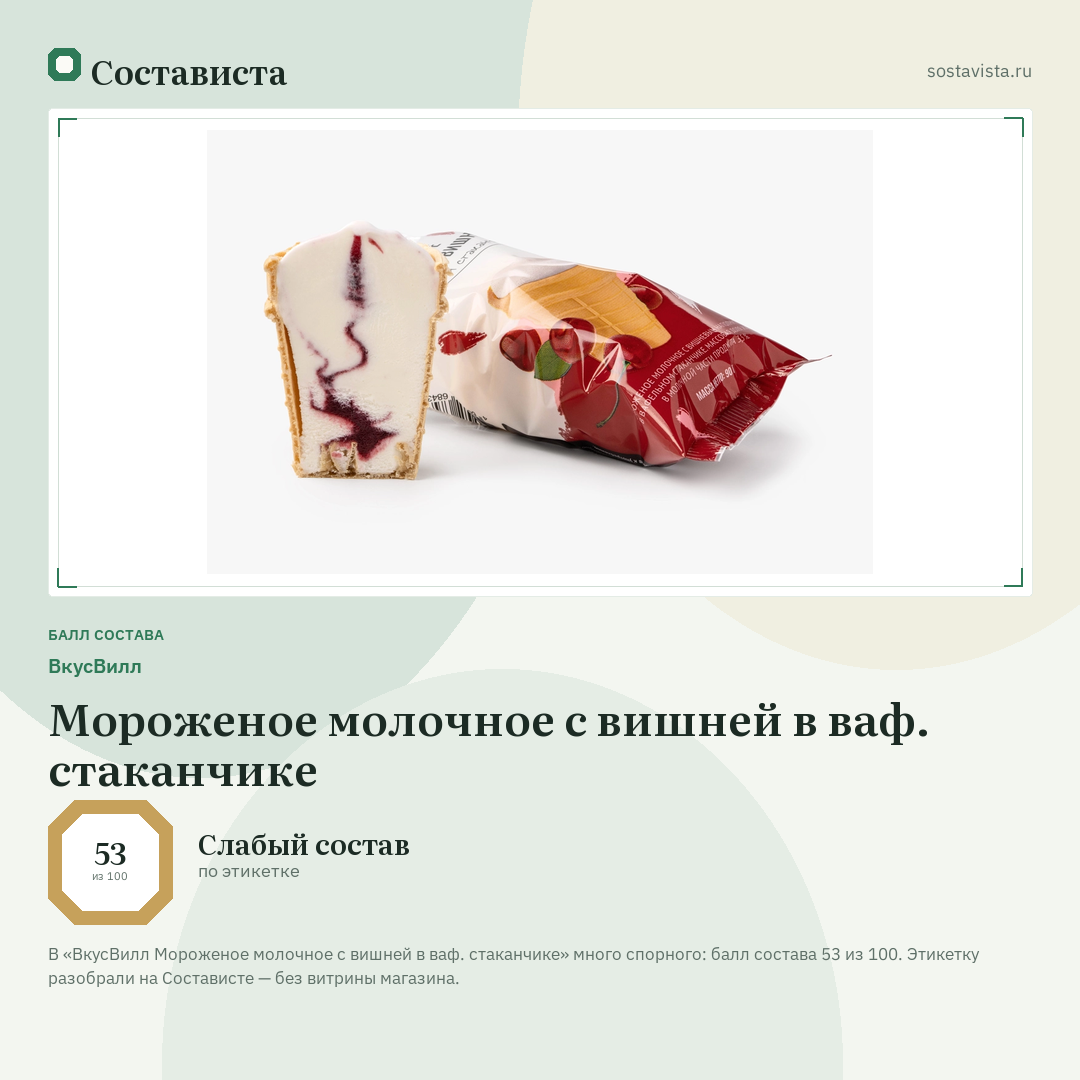 ВкусВилл Мороженое молочное с вишней в ваф. стаканчике: балл состава 53 из 100 — Состависта