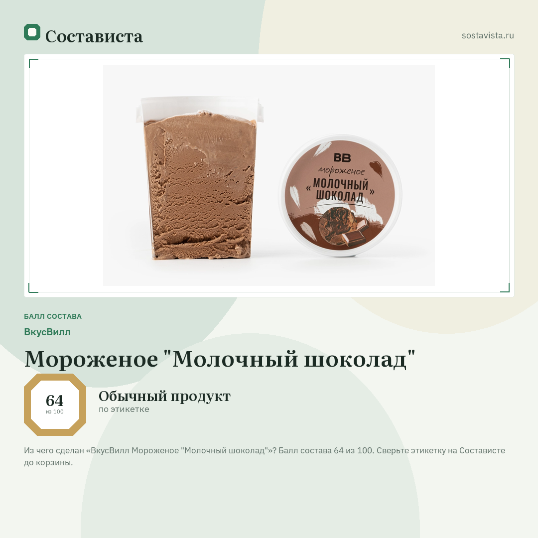 ВкусВилл Мороженое "Молочный шоколад": балл состава 64 из 100 — Состависта