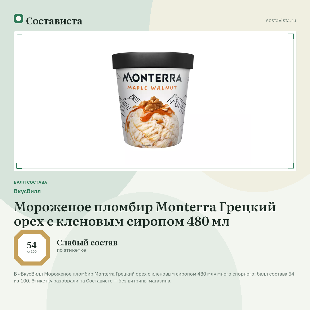 ВкусВилл Мороженое пломбир Monterra Грецкий орех с кленовым сиропом 480 мл: балл состава 54 из 100 — Состависта