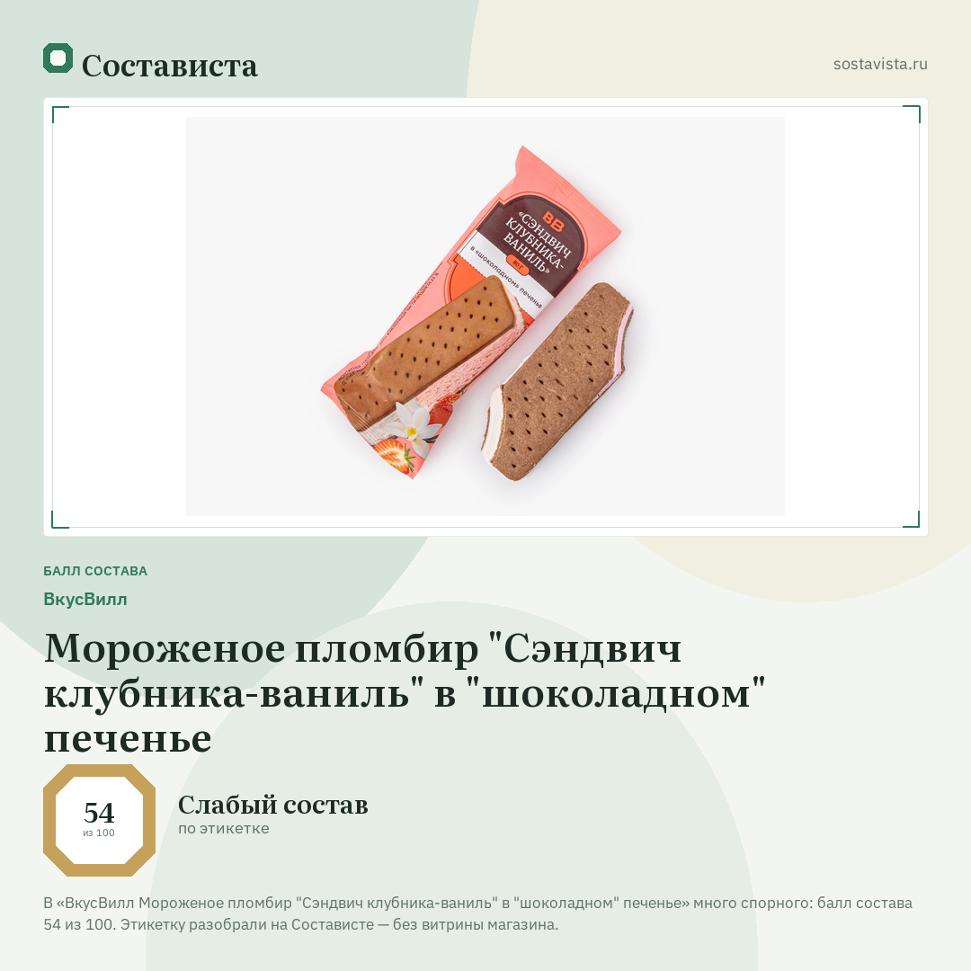 ВкусВилл Мороженое пломбир "Сэндвич клубника-ваниль" в "шоколадном" печенье: балл состава 54 из 100 — Состависта