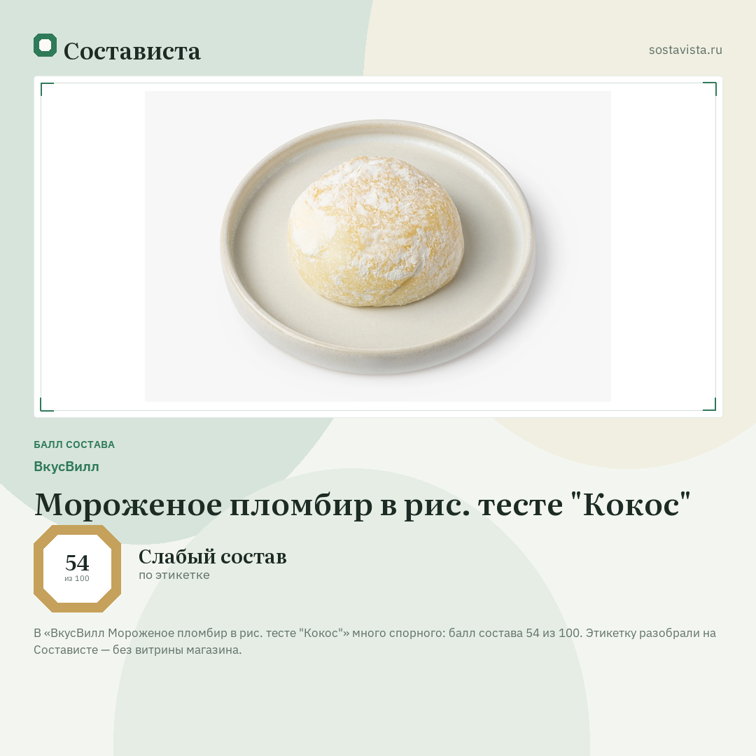ВкусВилл Мороженое пломбир в рис. тесте "Кокос": балл состава 54 из 100 — Состависта