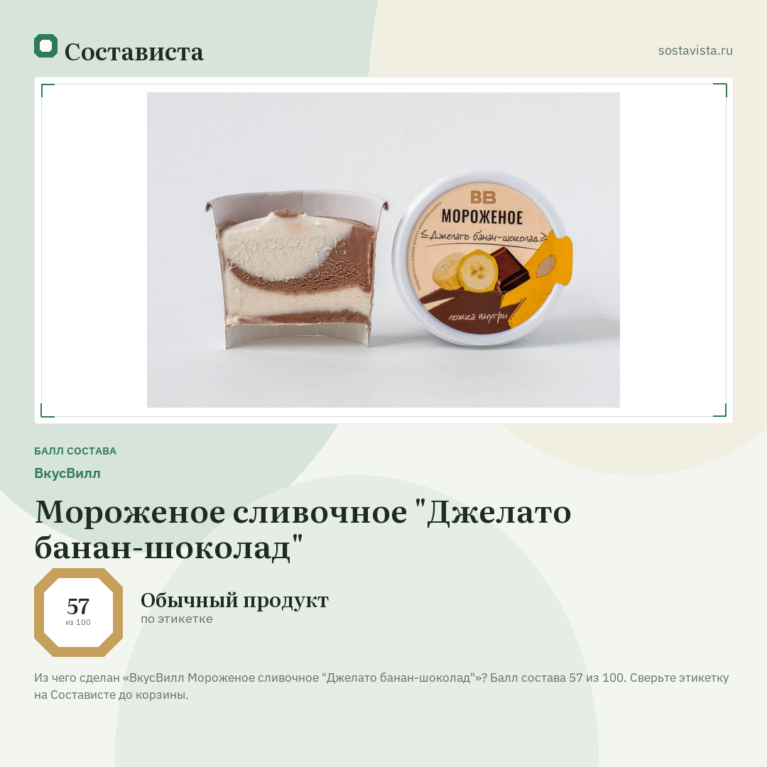 ВкусВилл Мороженое сливочное "Джелато банан-шоколад": балл состава 57 из 100 — Состависта
