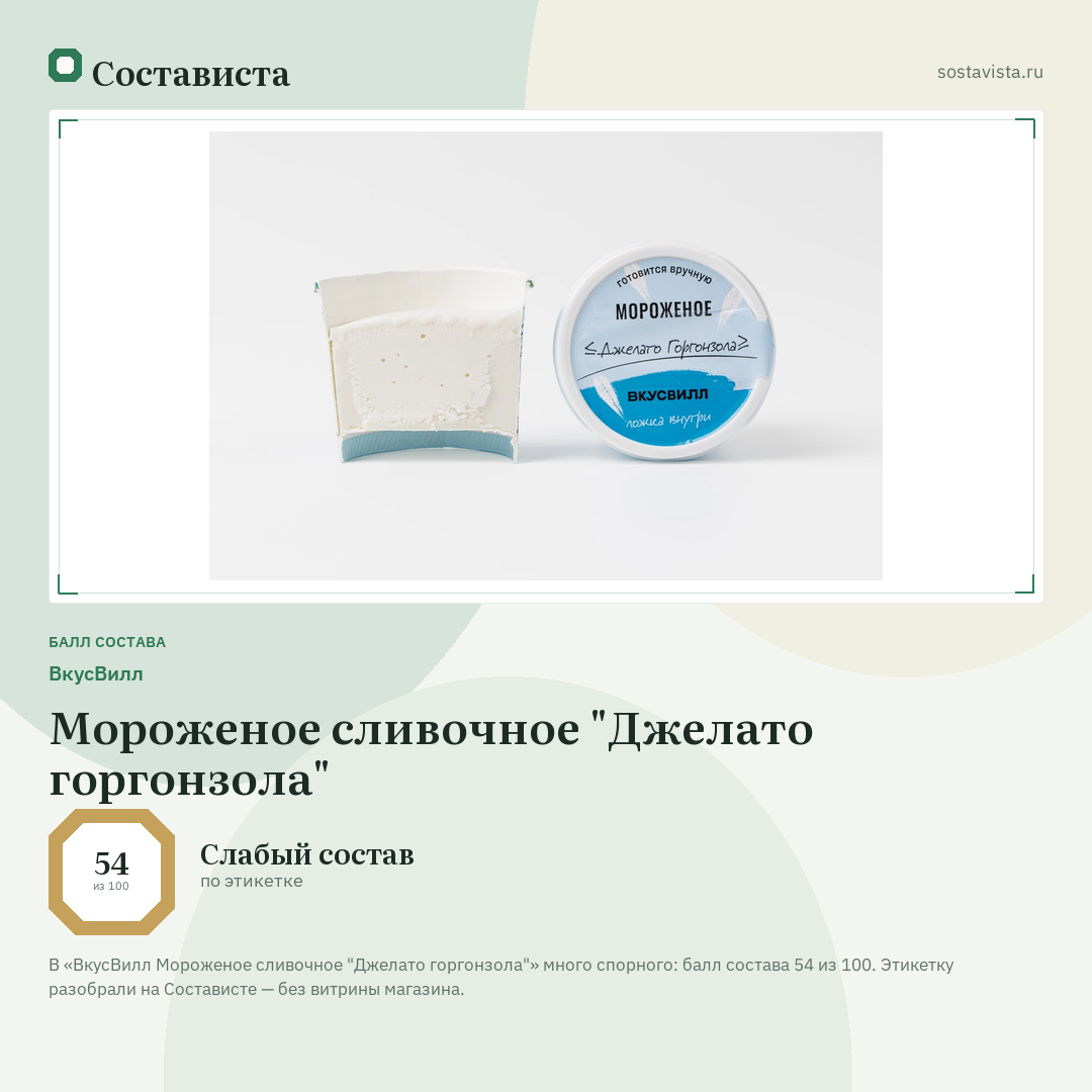 ВкусВилл Мороженое сливочное "Джелато горгонзола": балл состава 54 из 100 — Состависта