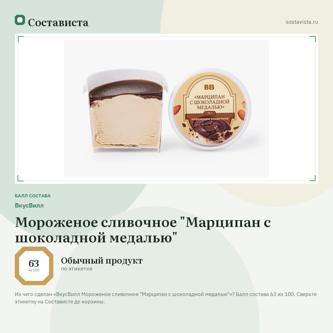 ВкусВилл Мороженое сливочное "Марципан с шоколадной медалью": балл состава 63 из 100 — Состависта