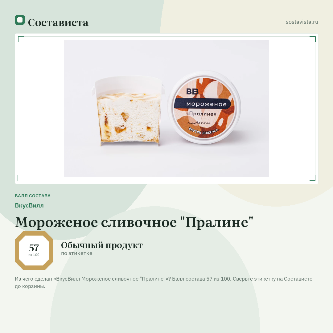 ВкусВилл Мороженое сливочное "Пралине": балл состава 57 из 100 — Состависта