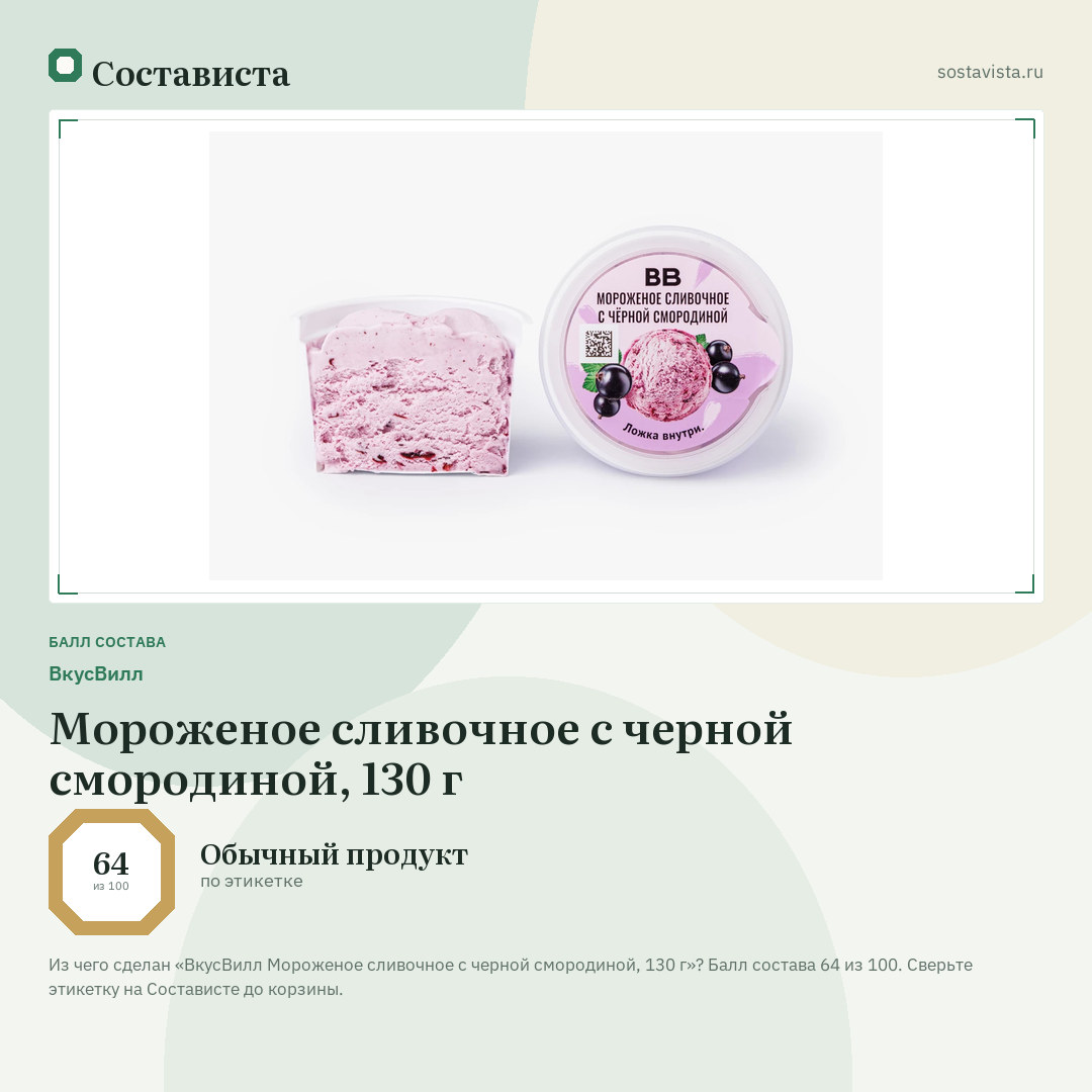 ВкусВилл Мороженое сливочное с черной смородиной, 130 г: балл состава 64 из 100 — Состависта