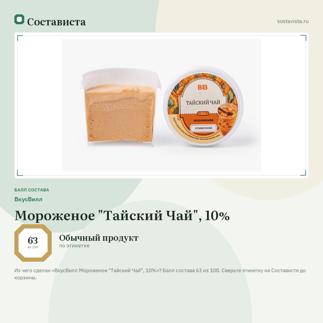 ВкусВилл Мороженое "Тайский Чай", 10%: балл состава 63 из 100 — Состависта