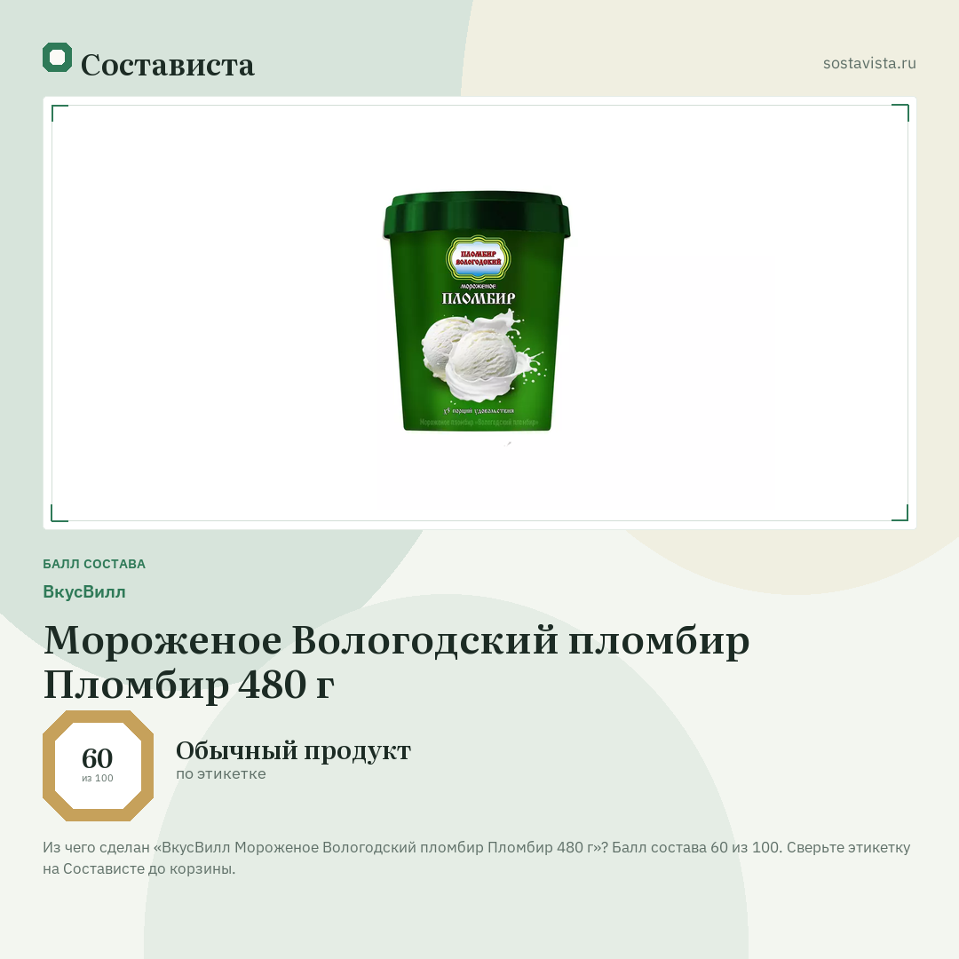 ВкусВилл Мороженое Вологодский пломбир Пломбир 480 г: балл состава 60 из 100 — Состависта