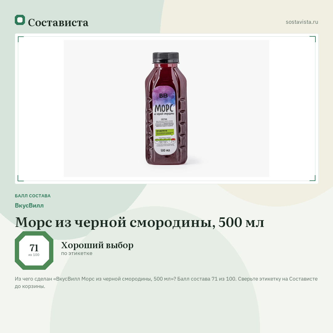 ВкусВилл Морс из черной смородины, 500 мл: балл состава 71 из 100 — Состависта