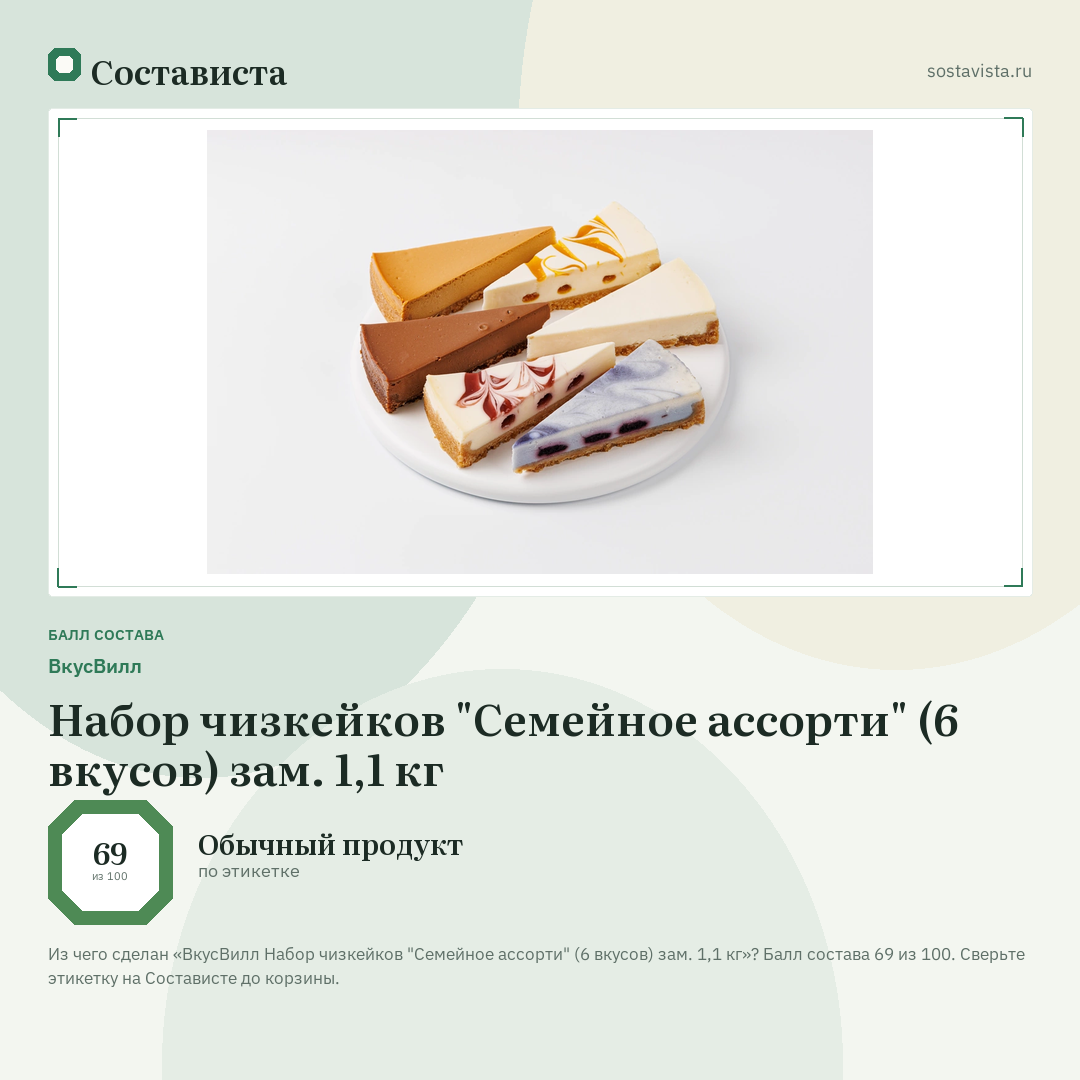 ВкусВилл Набор чизкейков "Семейное ассорти" (6 вкусов) зам. 1,1 кг: балл состава 69 из 100 — Состависта