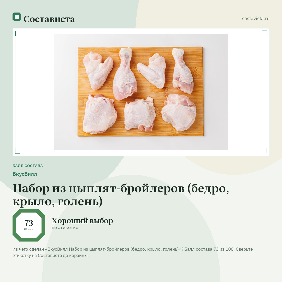 ВкусВилл Набор из цыплят-бройлеров (бедро, крыло, голень): балл состава 73 из 100 — Состависта