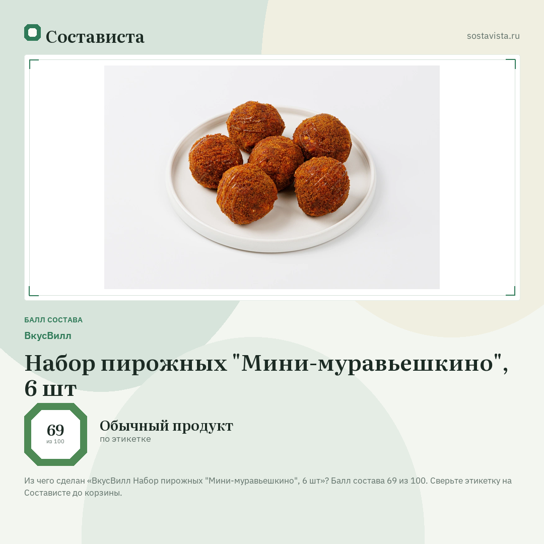 ВкусВилл Набор пирожных "Мини-муравьешкино", 6 шт: балл состава 69 из 100 — Состависта