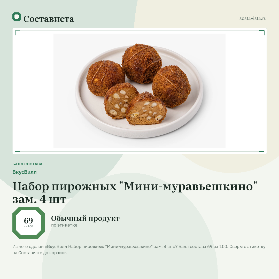 ВкусВилл Набор пирожных "Мини-муравьешкино" зам. 4 шт: балл состава 69 из 100 — Состависта
