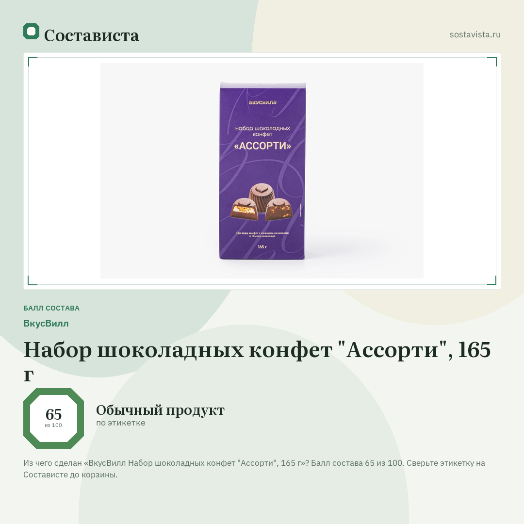 ВкусВилл Набор шоколадных конфет "Ассорти", 165 г: балл состава 65 из 100 — Состависта