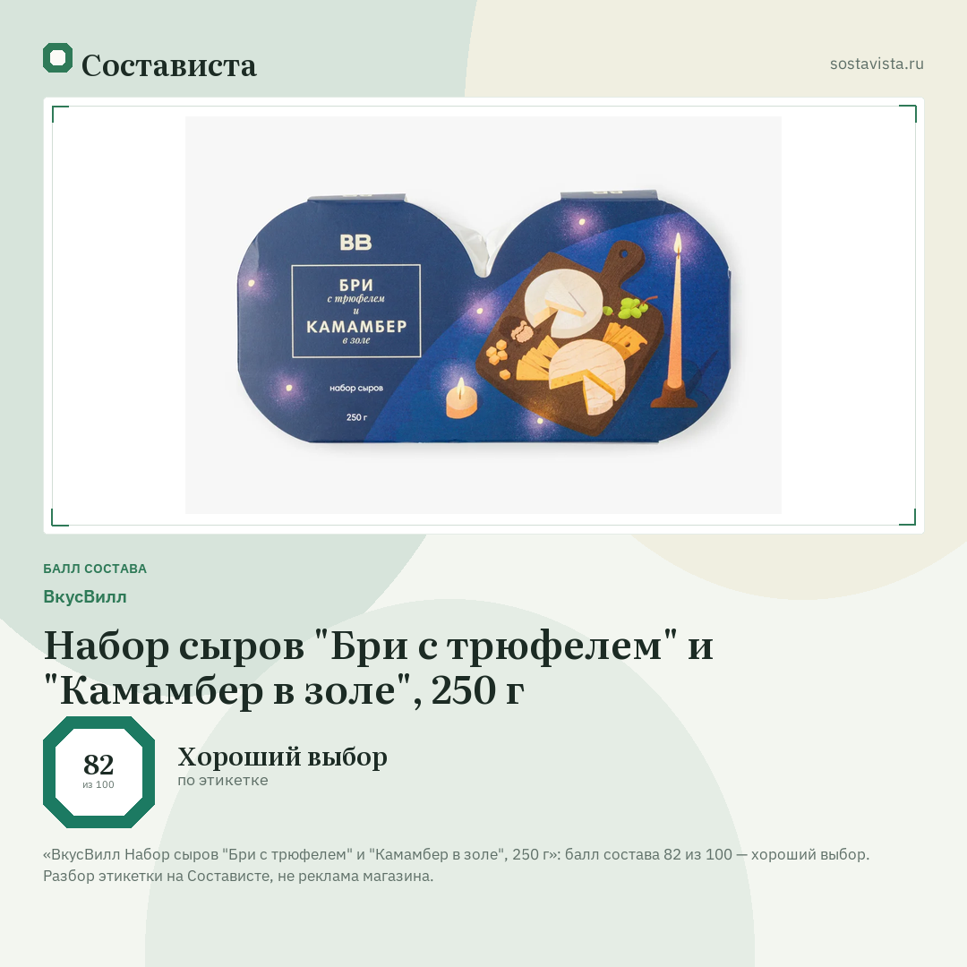 ВкусВилл Набор сыров "Бри с трюфелем" и "Камамбер в золе", 250 г: балл состава 82 из 100 — Состависта