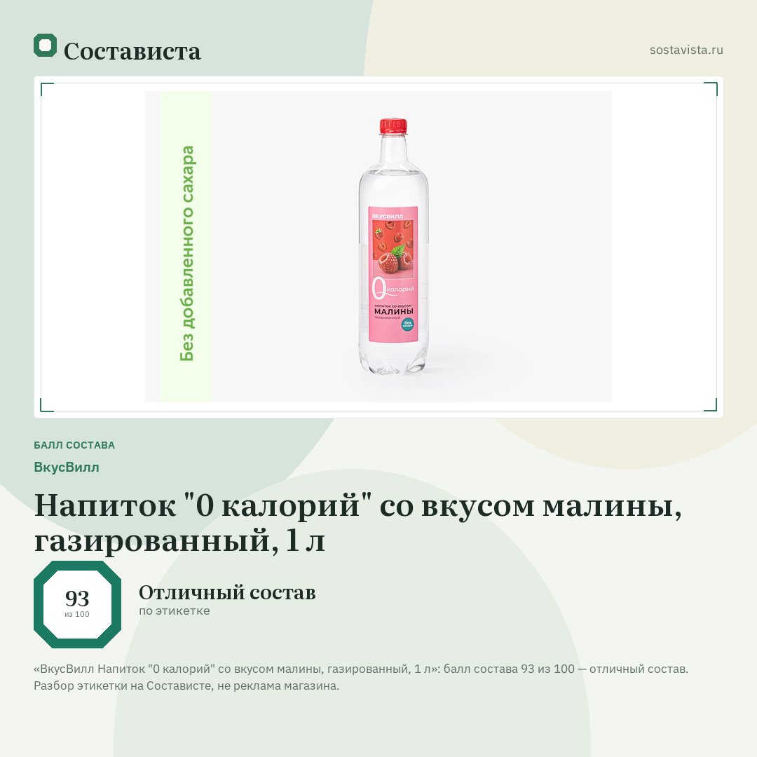 ВкусВилл Напиток "0 калорий" со вкусом малины, газированный, 1 л: балл состава 93 из 100 — Состависта