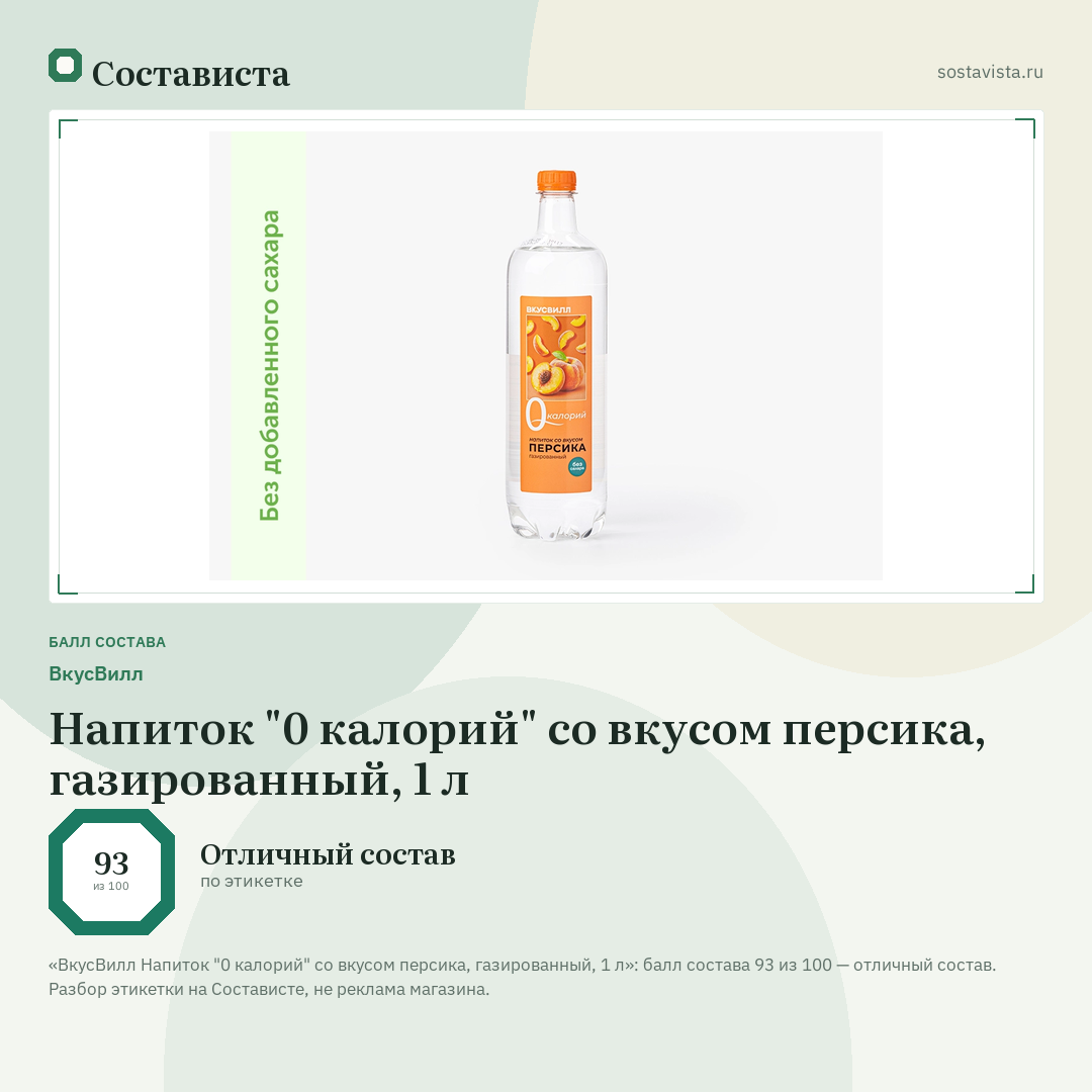 ВкусВилл Напиток "0 калорий" со вкусом персика, газированный, 1 л: балл состава 93 из 100 — Состависта