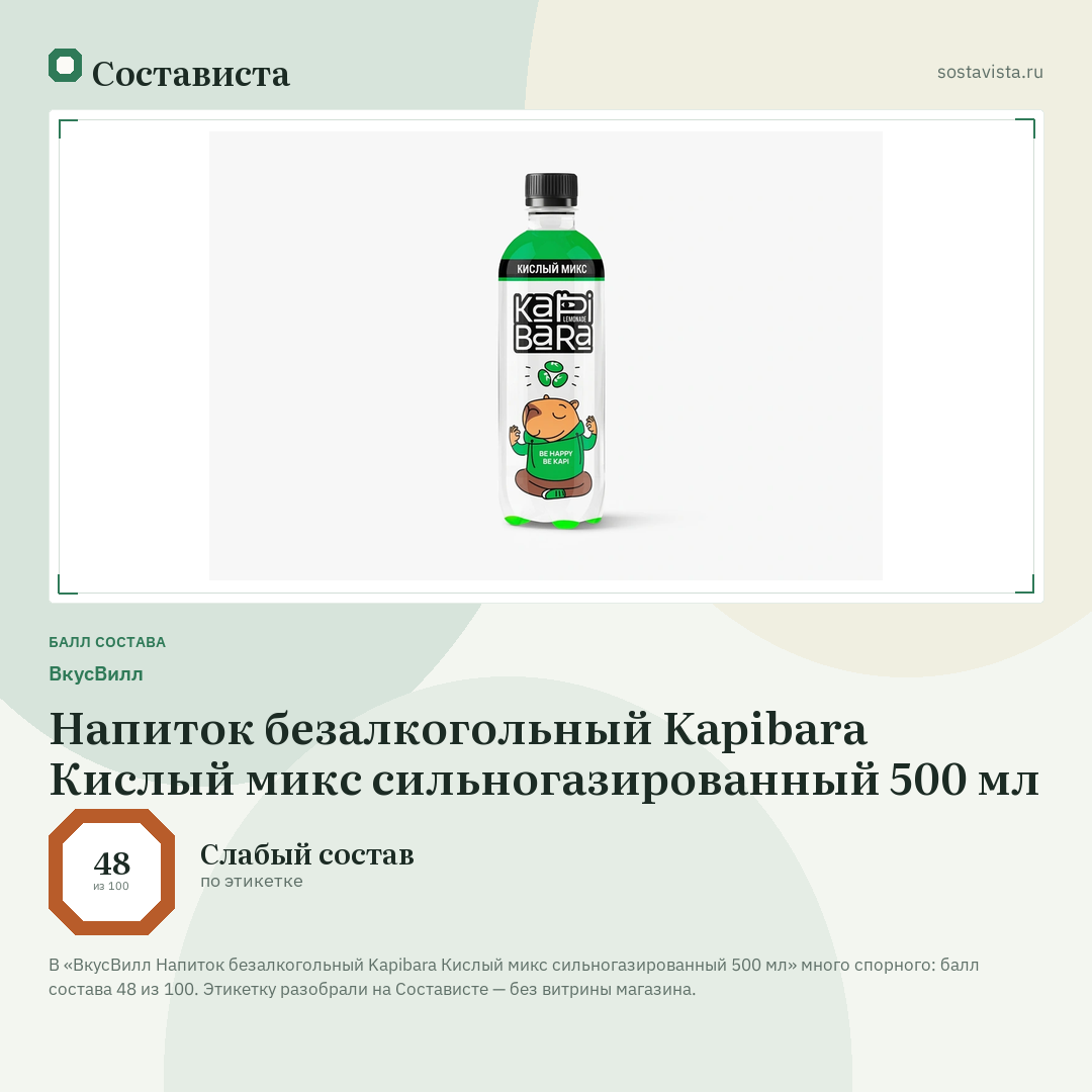 ВкусВилл Напиток безалкогольный Kapibara Кислый микс сильногазированный 500 мл: балл состава 48 из 100 — Состависта