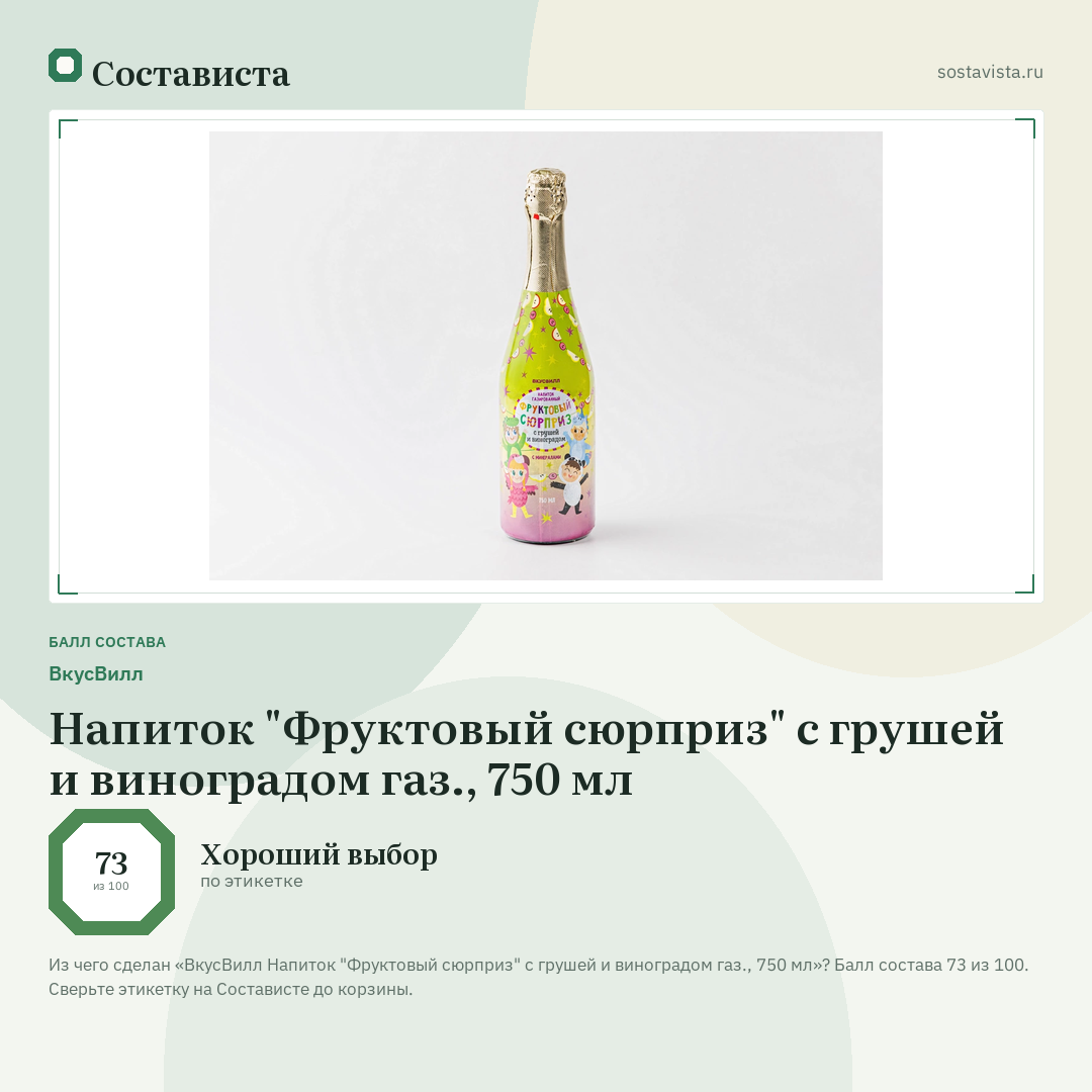 ВкусВилл Напиток "Фруктовый сюрприз" с грушей и виноградом газ., 750 мл: балл состава 73 из 100 — Состависта