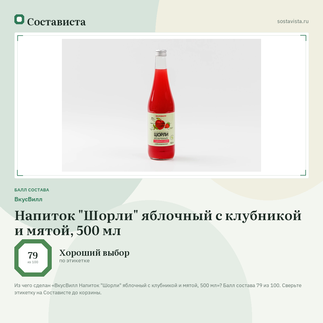 ВкусВилл Напиток "Шорли" яблочный с клубникой и мятой, 500 мл: балл состава 79 из 100 — Состависта
