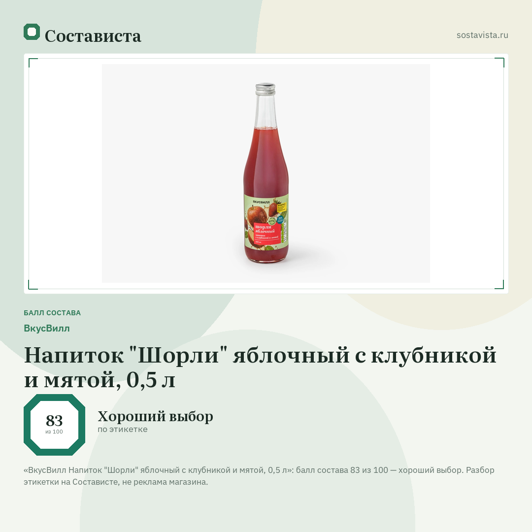 ВкусВилл Напиток "Шорли" яблочный с клубникой и мятой, 0,5 л: балл состава 83 из 100 — Состависта