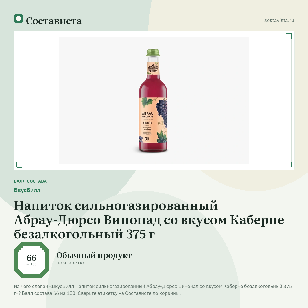 ВкусВилл Напиток сильногазированный Абрау-Дюрсо Винонад со вкусом Каберне безалкогольный 375 г: балл состава 66 из 100 — Состависта