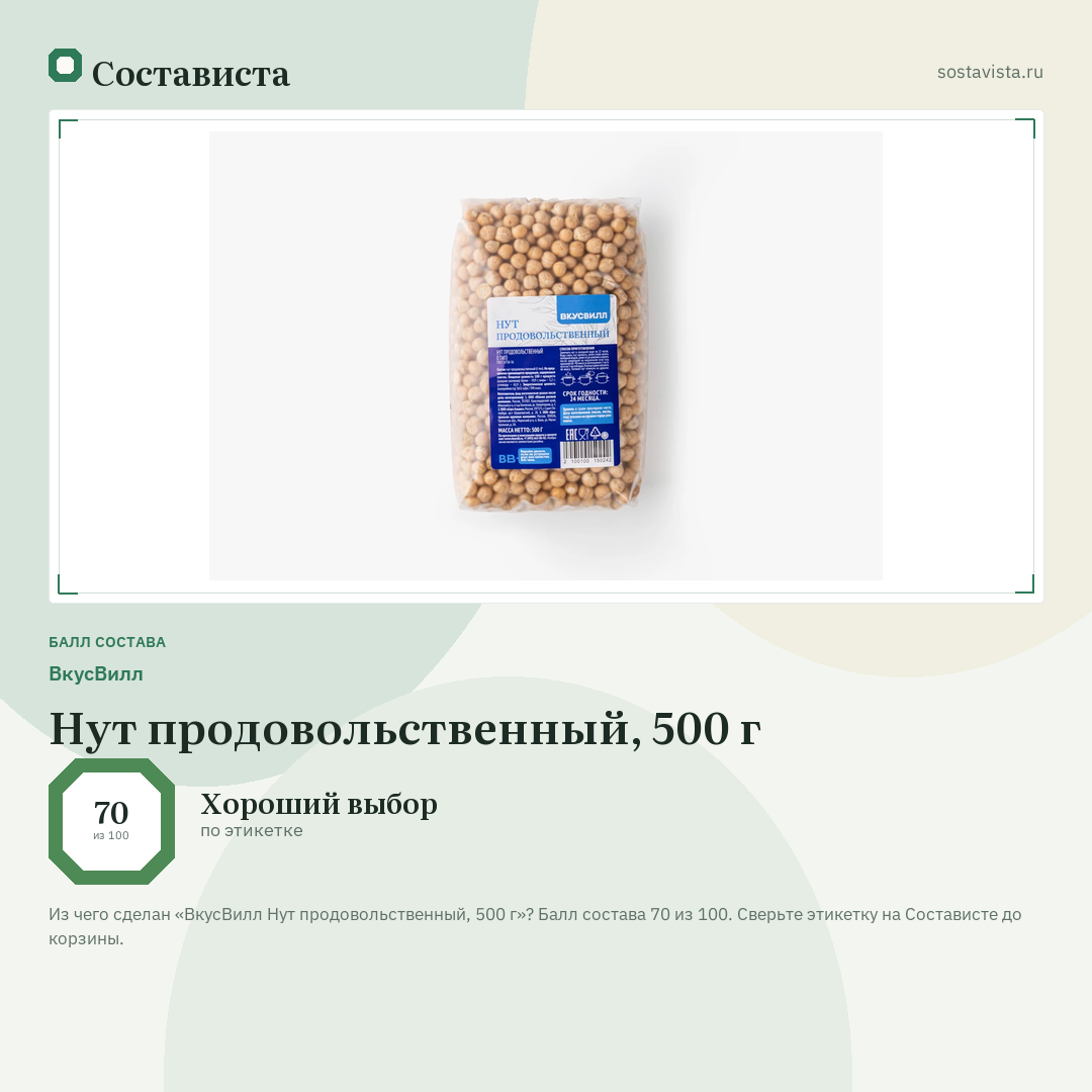 ВкусВилл Нут продовольственный, 500 г: балл состава 70 из 100 — Состависта