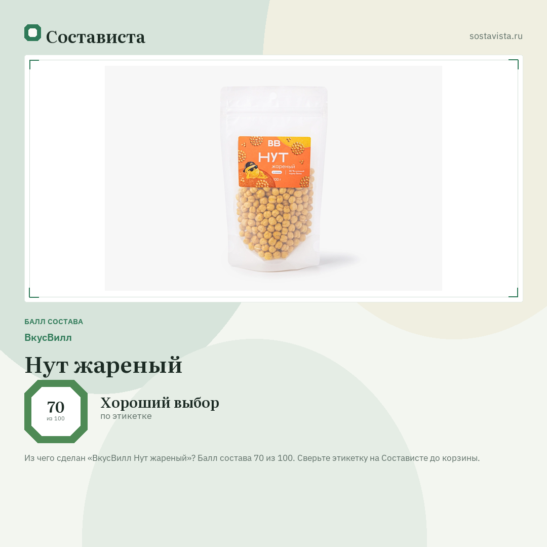 ВкусВилл Нут жареный: балл состава 70 из 100 — Состависта